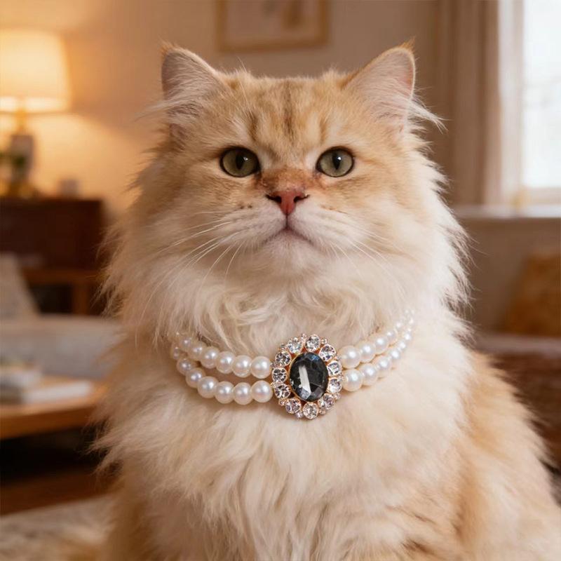 Doppellagige Perlen-Haustierhalskette Strassstein-Edelstein-Dekor Halsband für Katzen Kleine Hunde Foto-Accessoire