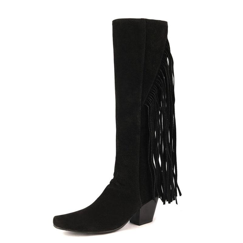 Fashion Fringed Tassels Knee High Boots Winter Women Suede Thick Heels Boots Square Toe Shoes for Women Botas Mujer WSH4710