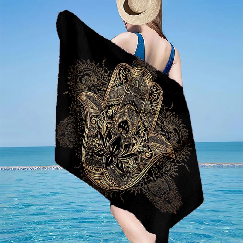 Golden Hamsa Symbol Beach Towel, Super Soft Microfiber, Gift for Her/Him, Birthday, for Pool, Beach, Travel, Home Decor Fan gifts