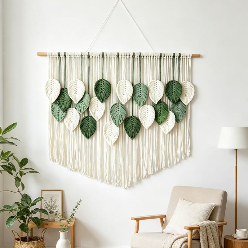 Bohemian Handwoven Leaf Tapestry Wall Hanging Living Room Bedroom Decor Cotton Tassel Art