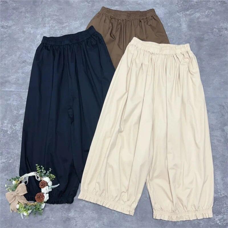 

Johnature японские стираные хлопковые шаровары в стиле ретро, ​​свободные универсальные укороченные повседневные простые летние брюки с эластичной резинкой на талии