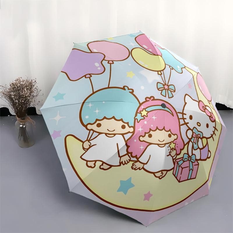 1pc Hello Kitty & Little Twin Stars Balloon Moon Automatic Opening/Closing Umbrella - Portable Three-Fold Design with 8-Bone Iron Frame, Outdoor for F