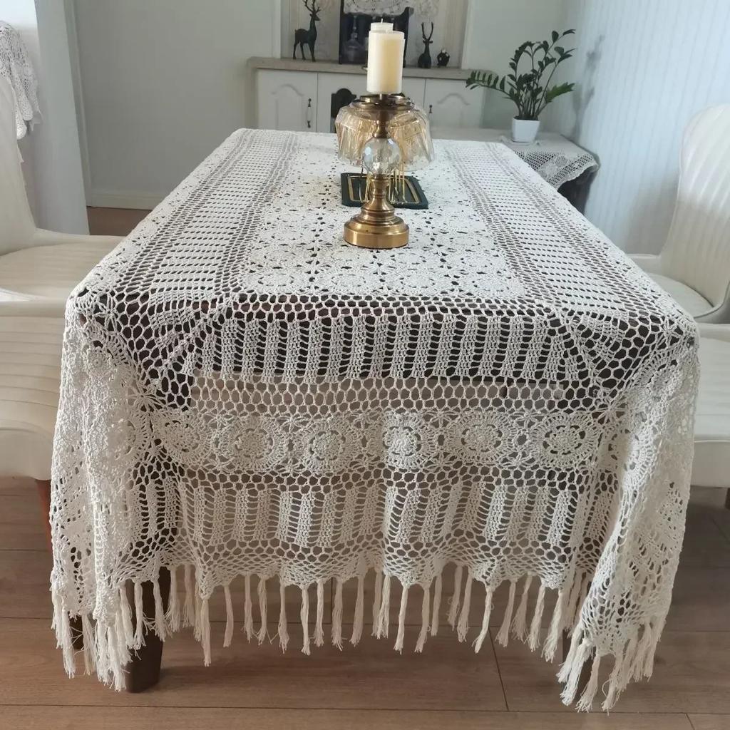 Pure Cotton Handmade Crochet Tablecloth Beige Lace Hollowed Out Tabletop Cover Changliu  Home Decoration Dustproof Cloth