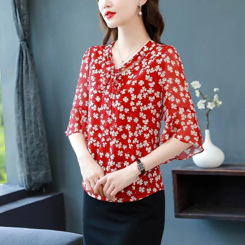 WTEMPO Summer Elegant Printing Chiffon V-neck 3/4 Sleeve Blouse Ladies Fashion Ruffles Pullover Loose Shirts Women Clothing