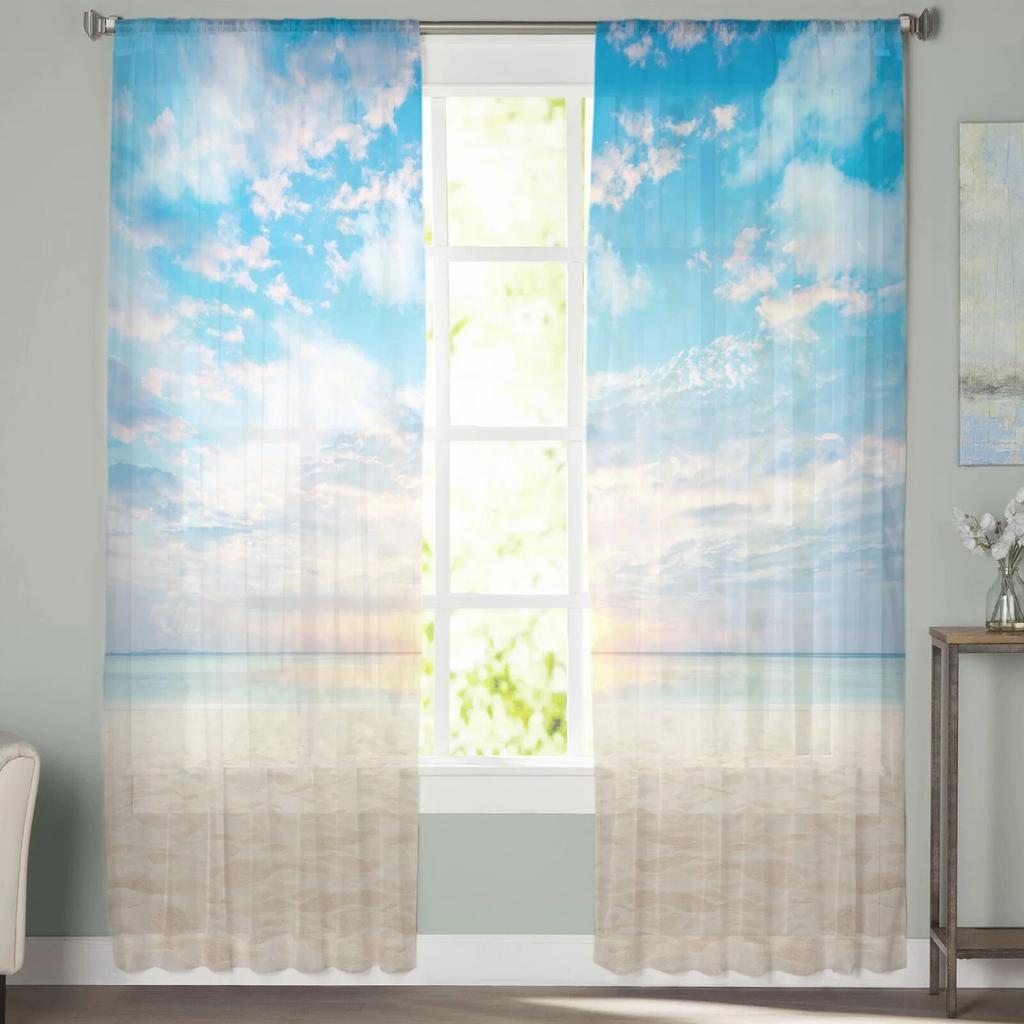 Beach Sand Sky Sun Tulle Curtains for Living Room Kitchen Bedroom Sheer Tulle for Cafe Hotel Modern Home Decor