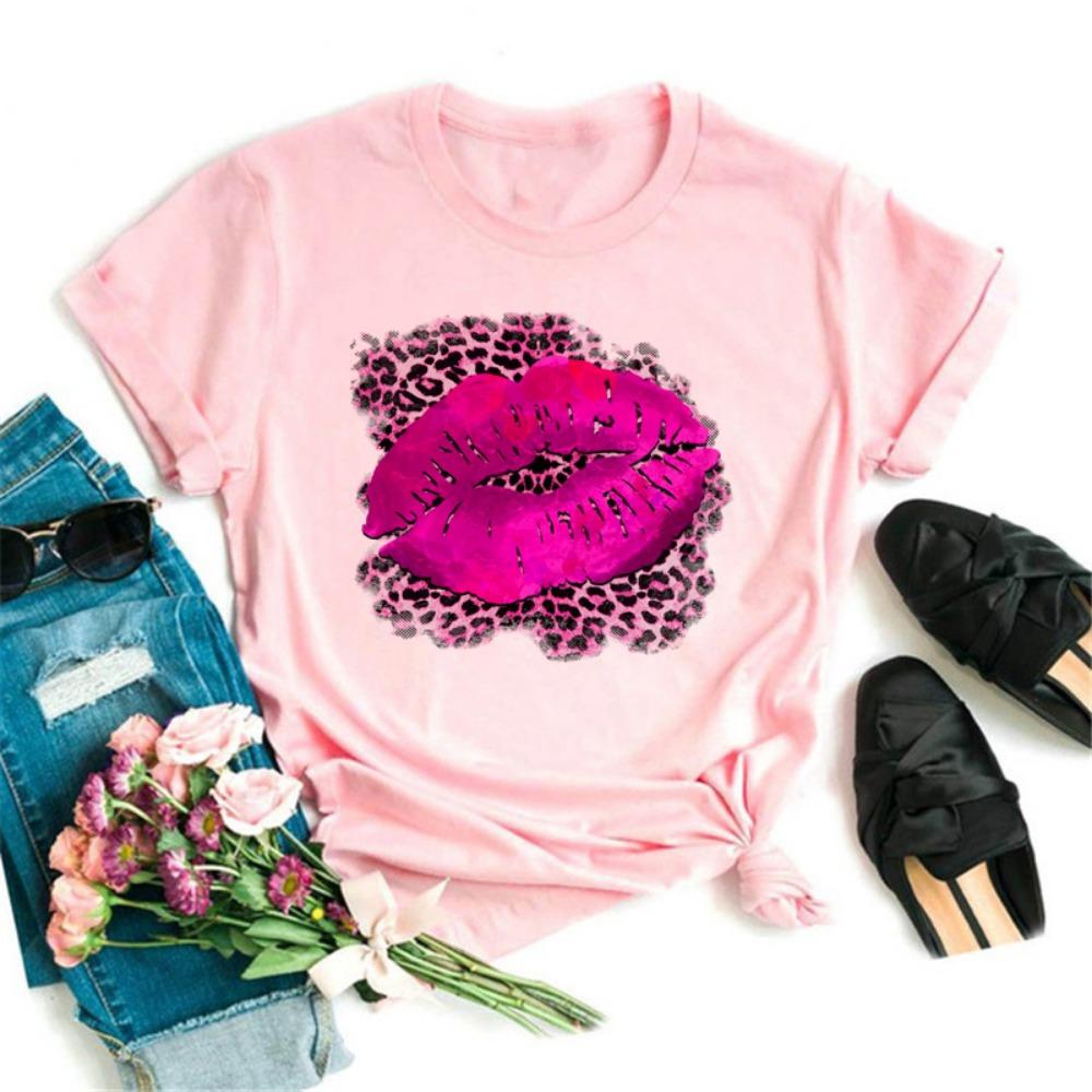 New Women Pink Lips Leopard Graphic T Shirt Casual Fahion O-neck Sexy Black Tees Kiss Lip Funny Girls Tshirt