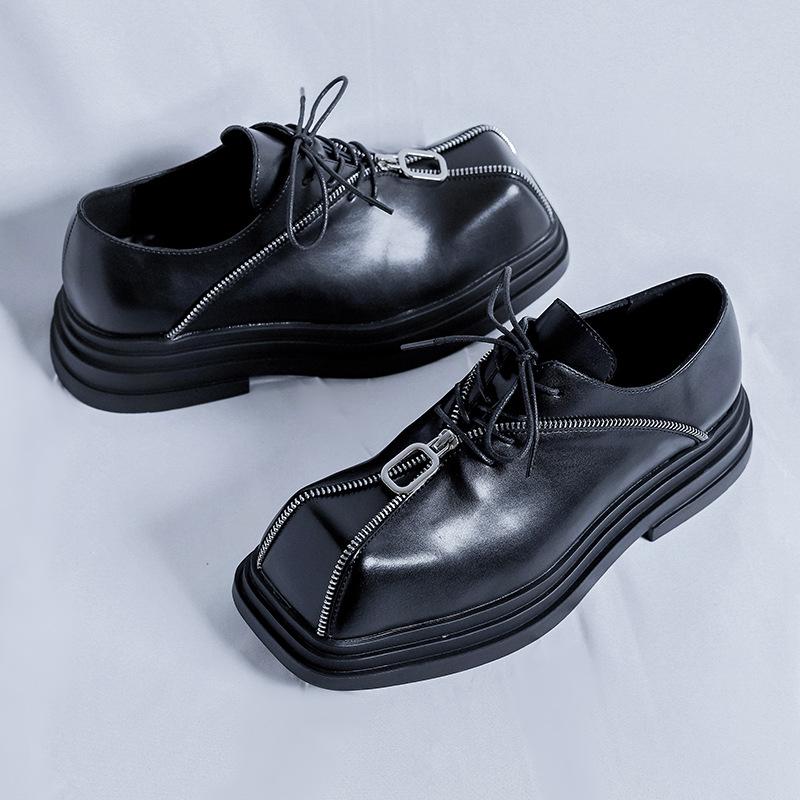 Men's Thick Sole Square Toe Leather Shoes with Height Boost & Zipper Design - Punk Style 60702-R