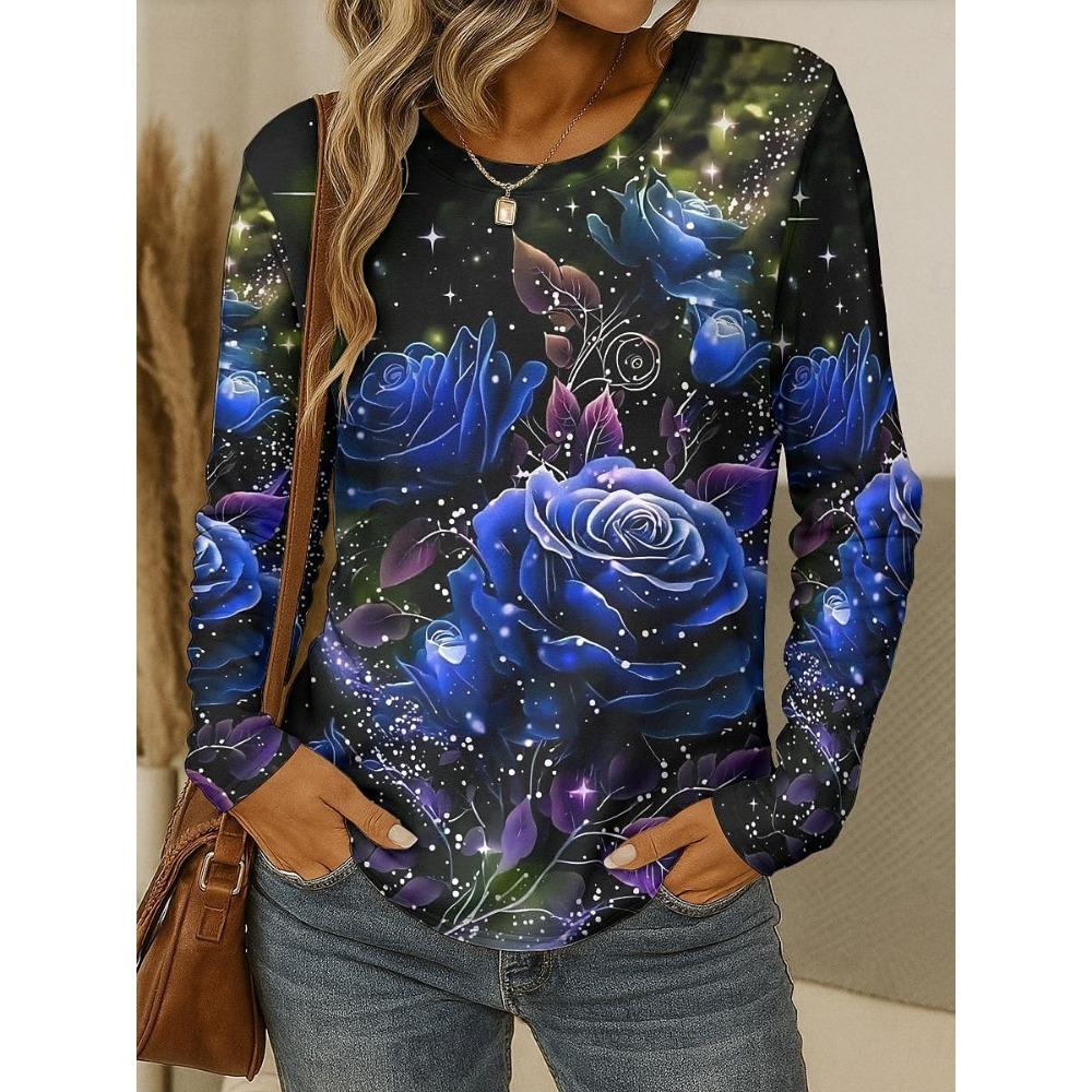 Damen T-Shirt 3D Elegant Rose Floral Print Mode Langarm Rundhals Regulär Oberteil Feiertagswochenende Frühling Herbst