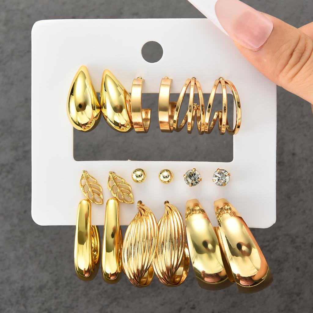 17KM 9 Piece Water Leaf Earrings Set Fashion Jewelry Women Trendy Shiny Daily Party Accessory Decorative Gift Idea For Her