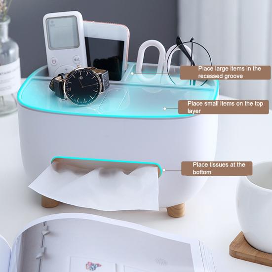 Tissue Box with Multiple Partitions for Remote Controls Watches Glasses Storage Slot Large Opening Design Desktop Organizer