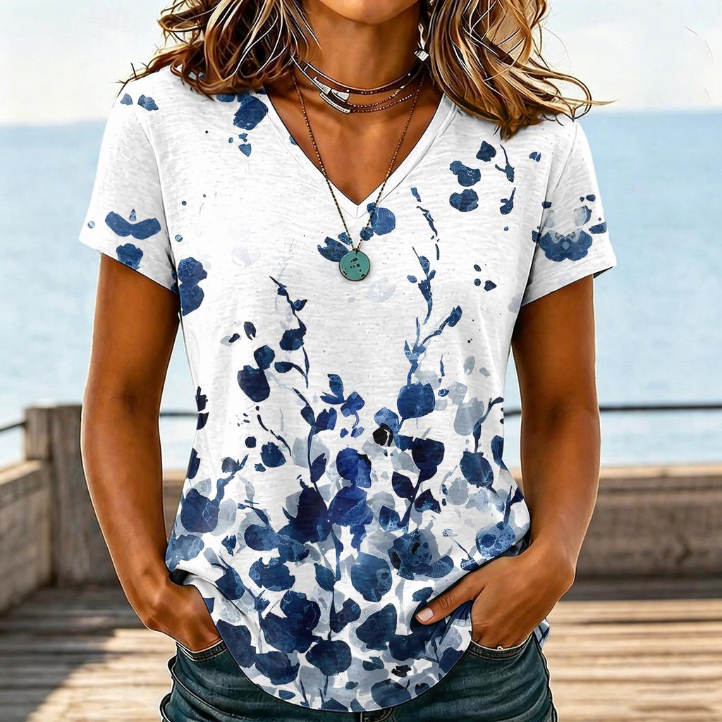 Damen Casual V-Ausschnitt Blumenprint Kurzarm T-Shirt Leichter Weicher Stoff Lockere Passform Oberteil für den Alltag