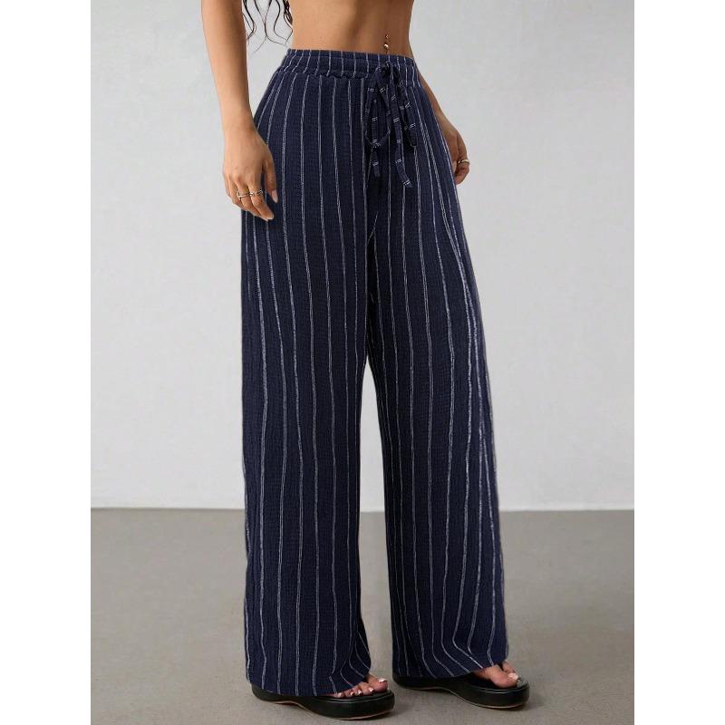 Casual Loose Striped Drawstring Elastic Waist Contrasting Color Multi-color Wide-leg Pants Women