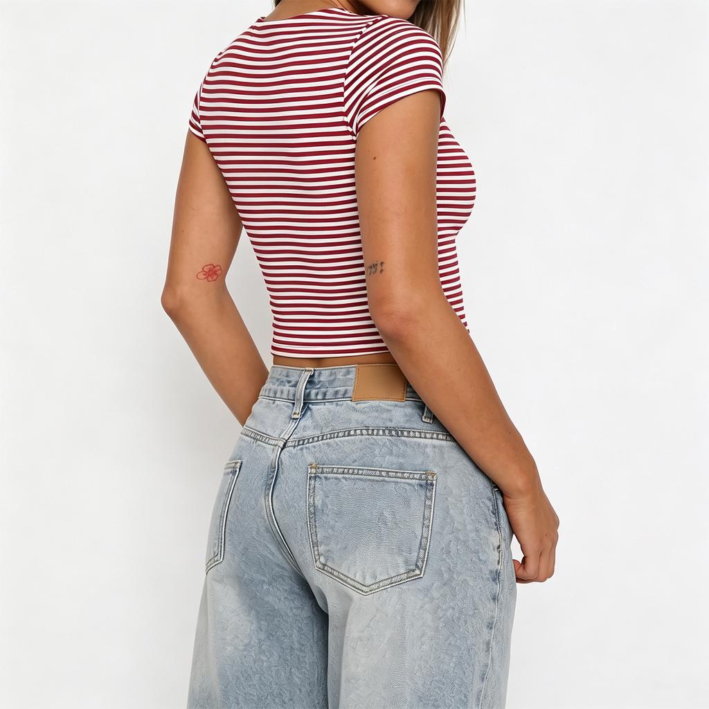Women's Striped Square Neck Fitted Short Sleeve T-Shirt