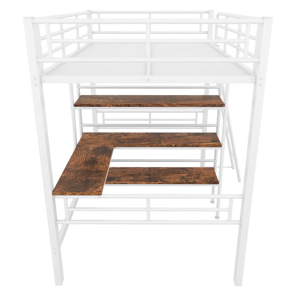 Letto a soppalco, 90*200cm, senza materasso, letto con scrivania, più ripiani, ringhiera, scaletta, struttura in ferro, bianco