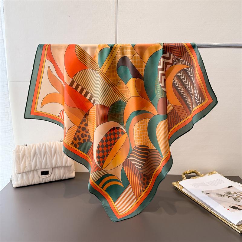 Fashion Luxury 70cm Square Silk Women's Scarf Geometry Printed Satin Scarves Daily Outfits Shawl Designer Headband Bandana