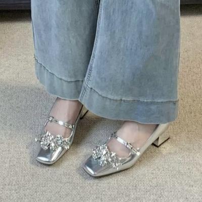 Shoes for Women Buckle Strap Women's High Heels Fashion Crystal Butterfly-knot Dress Pumps Women New Square Toe Heels Women