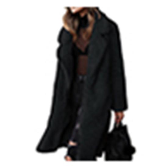 Women Winter Thicken Plush Lapel Solid Color Long Sleeve Warm Cardigan Midi
