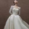 Elegant Backless Satin Wedding Gown - Vintage French-Inspired Long Sleeve Dress