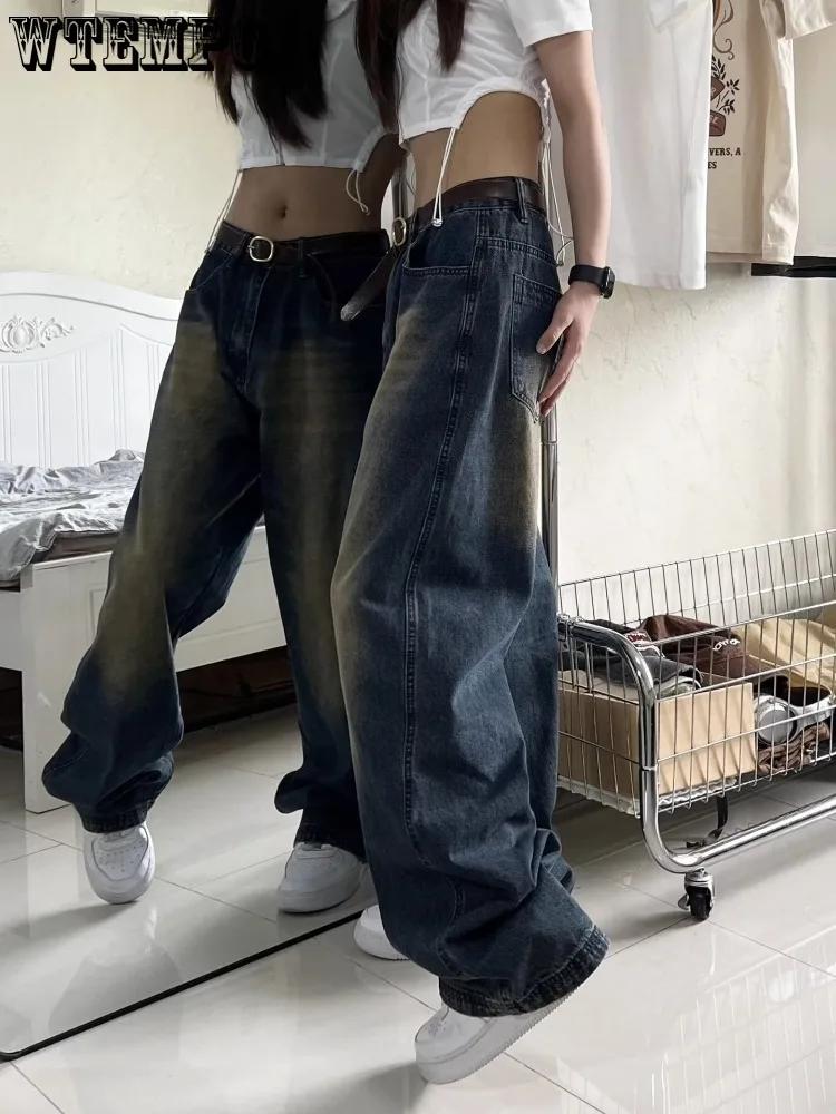 WTEMPO Streetwear Style Blue Straight Vintage High Waist Jeans Pants American Retro Style Women Wide Leg Baggy Y2K Denim Trouser