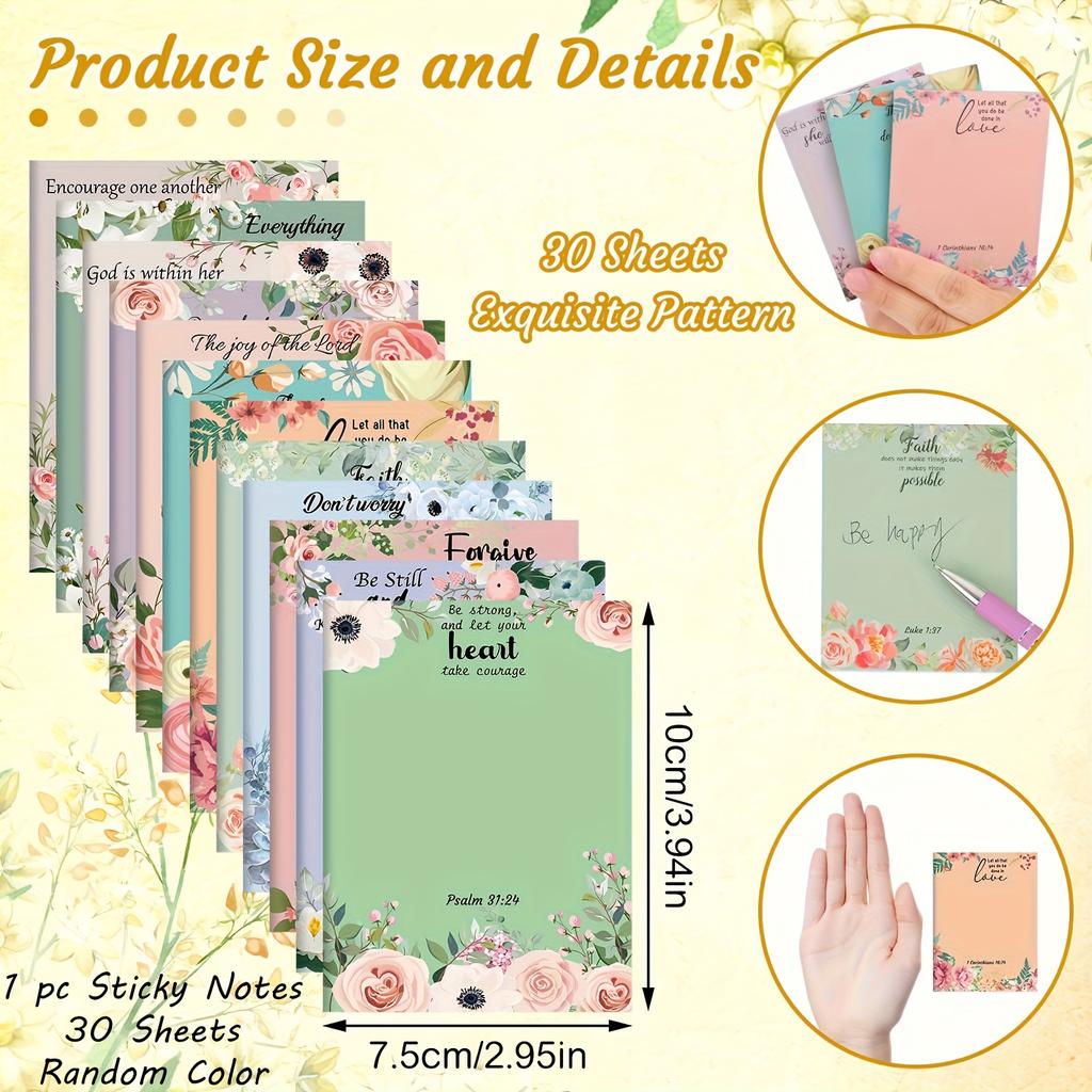 30 Sheets Inspirational Christian Verse Sticky Notes - Vintage Floral Design, Rectangle, Motivational Quotes, Office Supplies, Daily Use