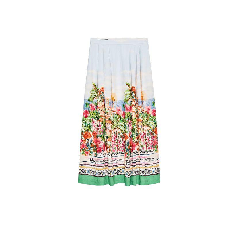 

Summer Women s Pleated Decoration A- line Hem Print Cape Style High Waist Temperament Midi Dress 3787348 Multicolor L