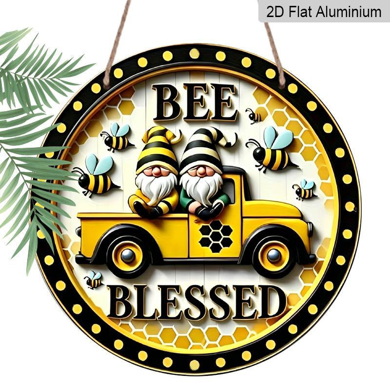 

2D Flat, 1pc Cute Bee Gnome Round Aluminum Metal Sign, Bee Blessed Gnome & Bee in Yellow Truck with Honeycomb Design, Durable Weatherproof Wall 7.87×7.87inch