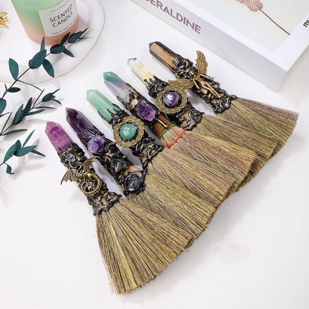 Rough Stone Crystal Column Point Stone Broom Natural Broom Craft Witch Broom Ornaments  Psychic