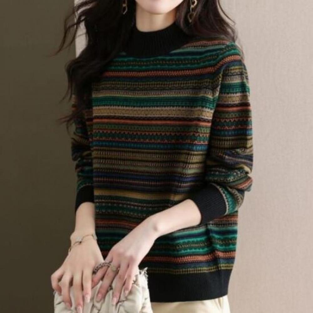 Navava Nk3239 Retro Jacquard Pattern Long Sleeve Half Polo Knit Tee