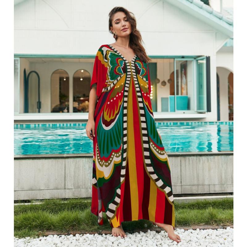 Summer Women's Dress Plus Size Printed Beach Cover-up Loose Holiday Sunscreen Bikini Cover-ups