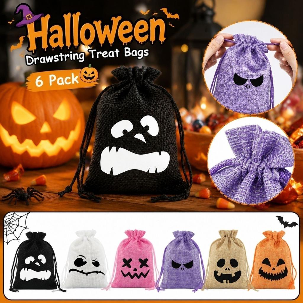 6er-Pack Halloween-Party-Süßigkeitentüten Kordelzug Jutebeutel Aufbewahrungstaschen Halloween-Themen-Geschenktüten für Süßes oder Saures Partyzubehör