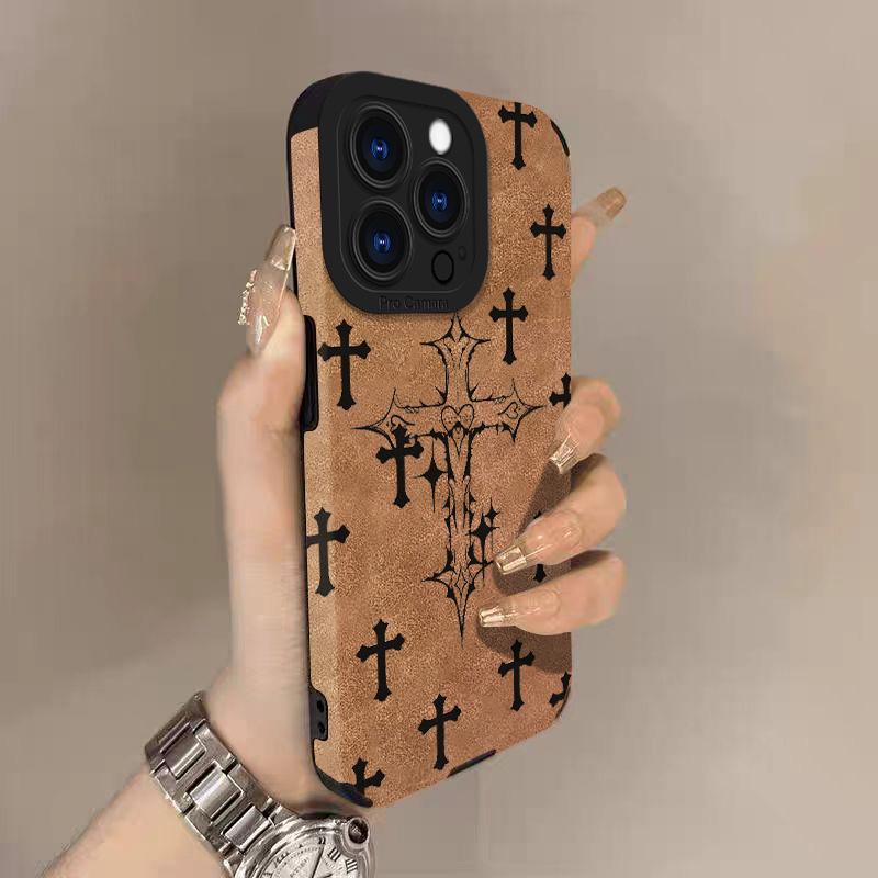 Black Cross Lambskin Leather Phone Case For iPhone 17 Pro Max Air 16 16e 15 14 13 12 11 Pro Max Plus X XS MAX XR Back Cover