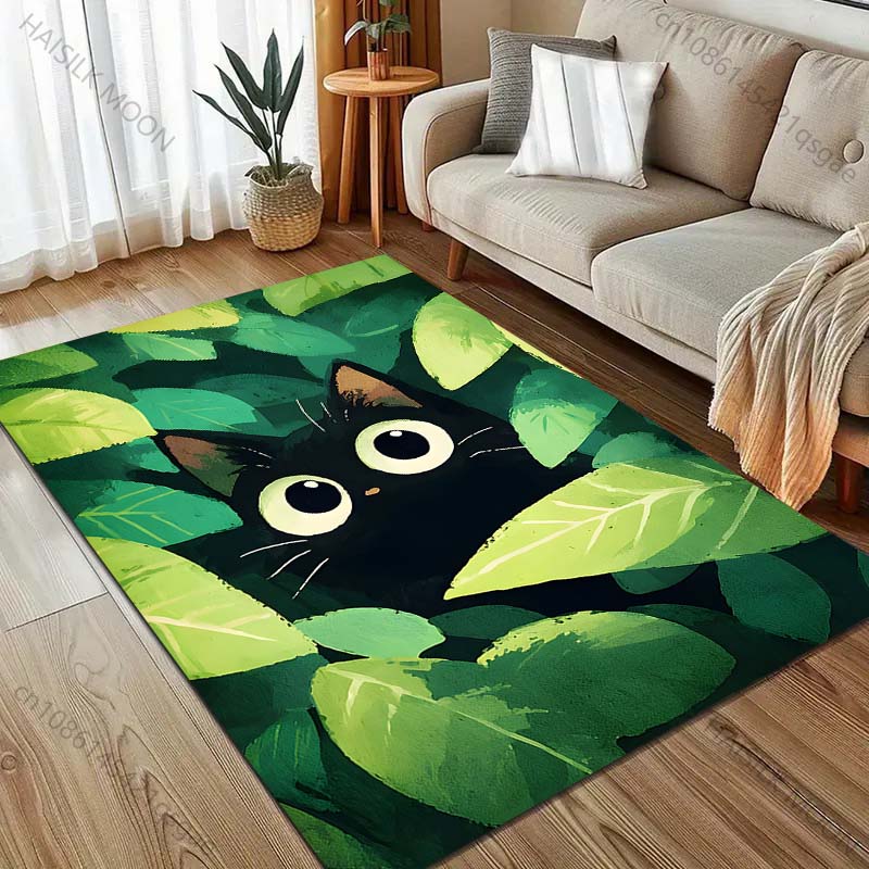 1PC Black cat hiding in leaves Pattern Rug Carpets for Bedroom Living Room Sofa Mat Creative Door Mat Cloakroom Home Decor