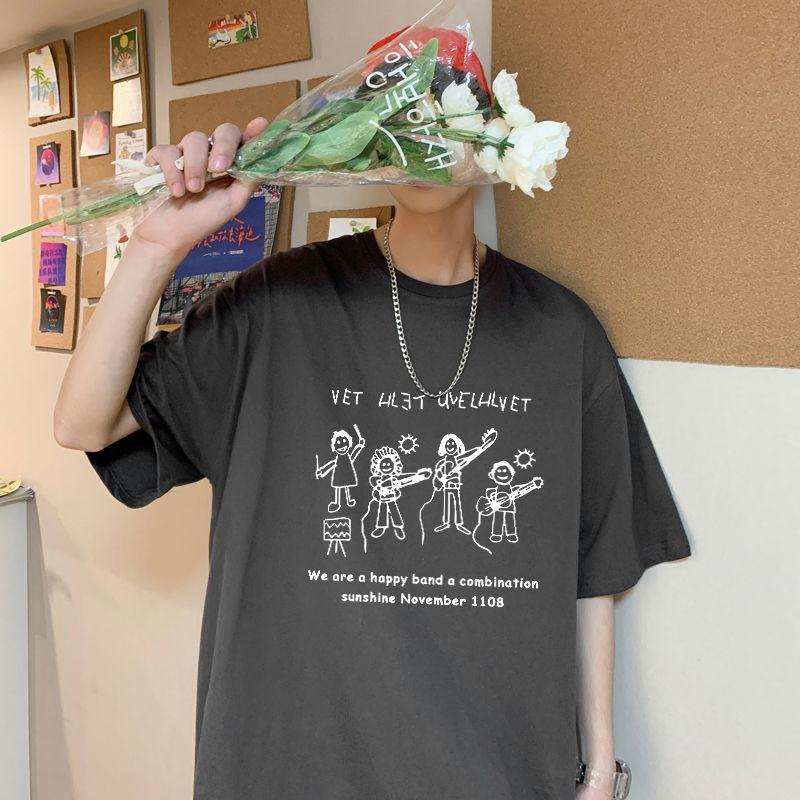 

Модные футболки с ручной росписью Летние с круглым вырезом Свободная мужская одежда Повседневные с коротким рукавом Молодежная жизненная сила Базовые пуловеры XXXL темно серый