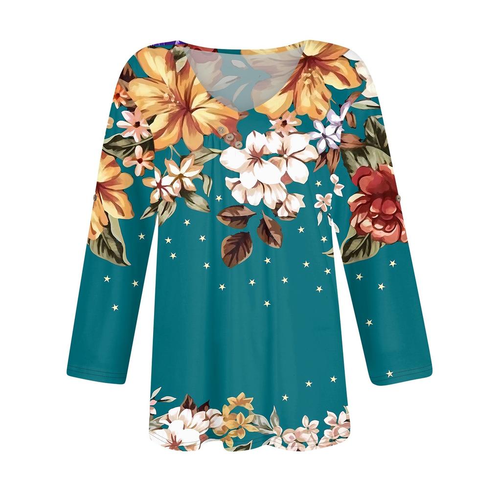 Shirts For Women Trendy V Neck Button T Shirts Casual Printed Summer Tees T Shirt Blouse Three Quarter Sleeve Tops For Women