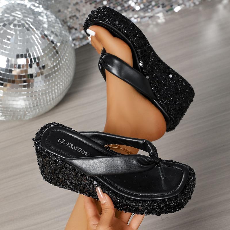 Women's Flip Flops Fashion Platform Sandals 2025 Summer New Wedge Sandals Luxury Sequins Slippers for Women Sandalias De Mujer