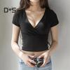 Dámské triko s hlubokým výstřihem do V krátkým rukávem Tričko s odhaleným pupíkem Slim Fit Jednobarevné topy Lehké strečové topy