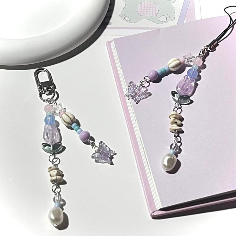 Unique Butterfly Phone Charm Fashionable Decorative Bead Keychain Lanyard Bag Pendant Accessory for Women Girls
