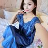 Women Faux Ice Silk Nightgowns Sleeping Dress Medium Length Short Sleeve Nightdress Sexy Sleepwear Home Wear Loungewear Pyjama
