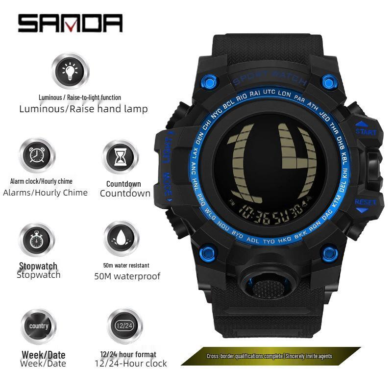 Sanda Multifunctional Waterproof Luminous Electronic Watch for Students – Unisex with Raise Hand Light Feature.