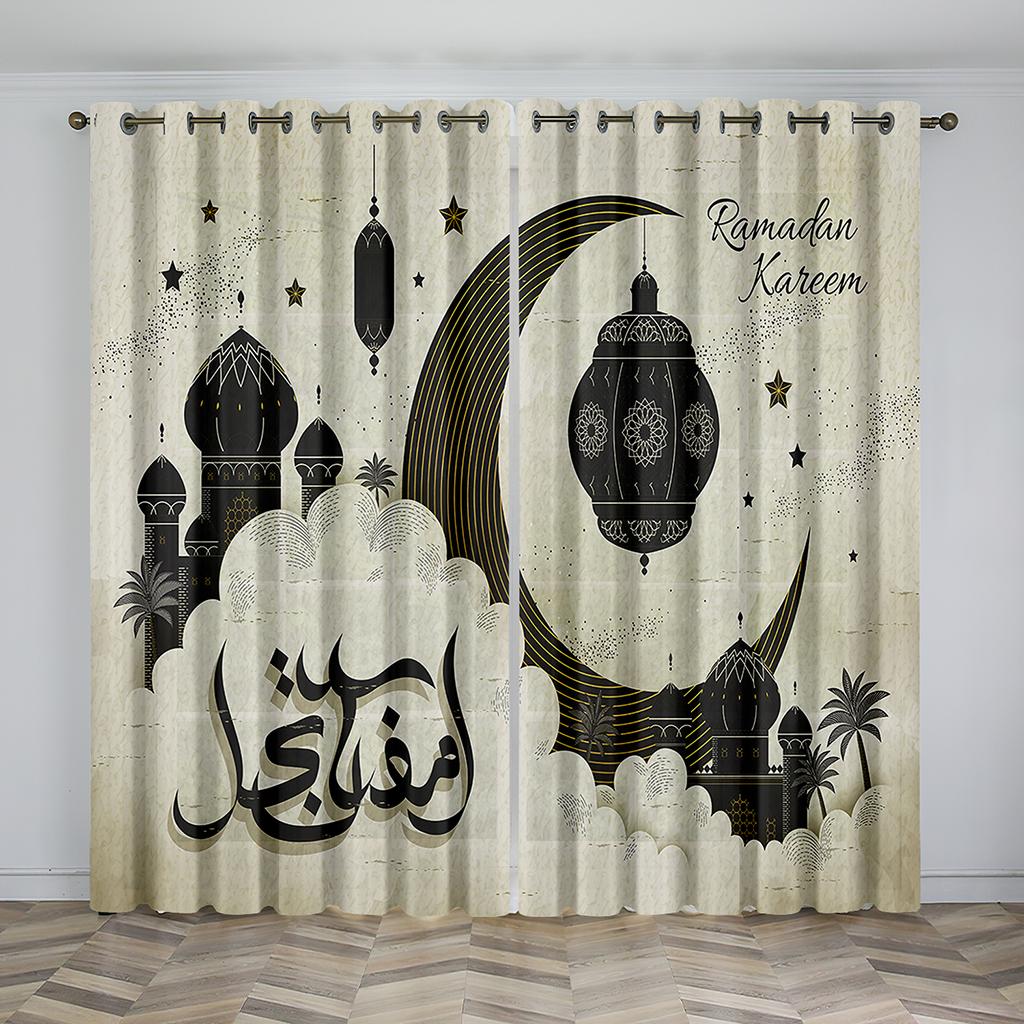Hot Selling Eid Mubarak Lslamic Muslim Ramadan Festival Shading Drapes Window Curtain for Living Room Bedroom Decor 2 Pieces