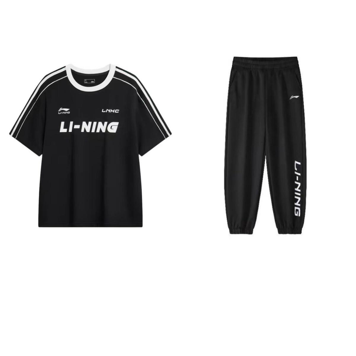 

Li Ning Американская надпись в полоску Со спущенным плечом Удобный С коротким рукавом Простой принт бренда Длинные брюки Повседневный спортивный костюм Мужской костюм AHSU657-2+YYKU111-1 S