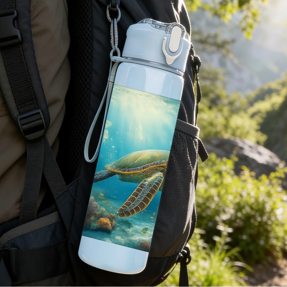 1PC Sea Turtle Underwater Ocean Print 750ml Color Plastic Sports Water Bottle Leakproof Flip Straw Lid Suitable for Sports Office Home Use