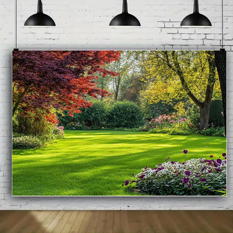 2D Sunlit Lawn Backdrop with Trees and Flower Garden Background
