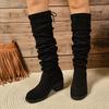 Fashion 2024Women Boots Winter Black Over The Knee Boots Comfort Lace Up High Heels Shoes Fashion Warm Round Toe Pleated Long Tube Boots