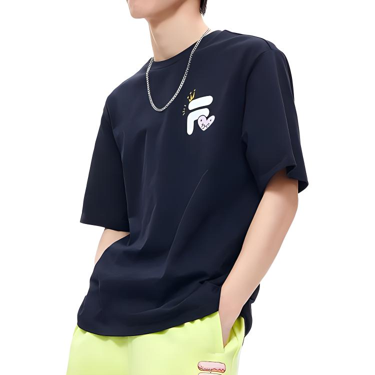 Fila Fob Green Pink Crayon Breathable Round Neck Short Sleeve T-Shirt Unisex Tops Deep-Black T11U26104-BK