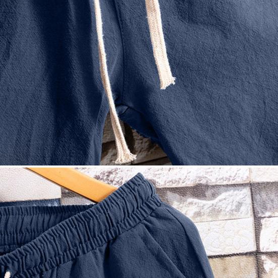 2 Pcs/Set Men T-shirt Shorts Set Solid Color Elastic Waist Loose V Neck Drawstring Homewear Deep Crotch Plus Size Casual Summer