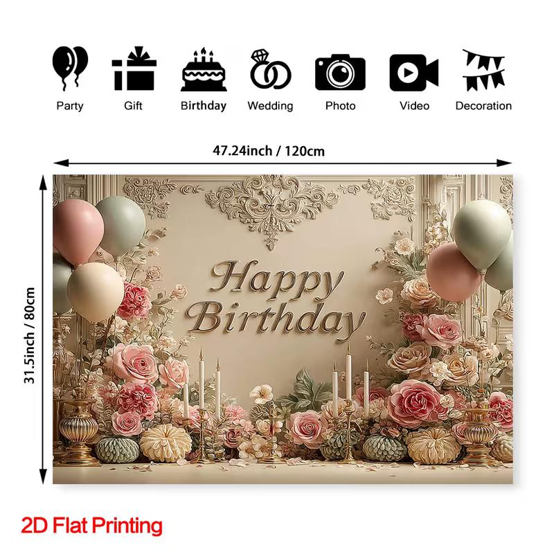 2D Elegant Floral Birthday Backdrop, Retro Ornate Wall Banner, Adult Birthday Party Decor