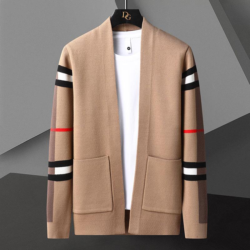 Men's Knitted Cardigan Sweater Slim Fit Autumn and Winter V-Neck Plaid Line Casual Jacket