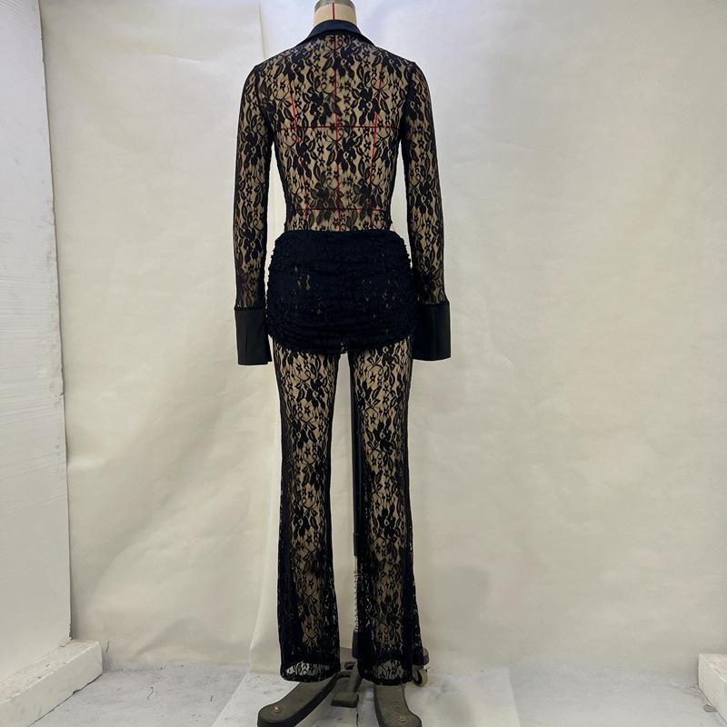 2024 European & American Lace Patchwork Deep V Top & Sheer Flared Pants Women's Set