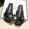 Flat-bottomed slippers women's 2025 summer new bag head mesh one-word drag bow cool slippers women